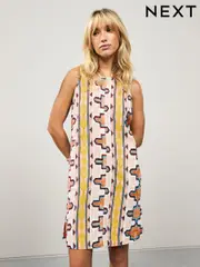 Cream Geometric Print Scoop Back Mini Shift Dress With Linen (H53186) | $60