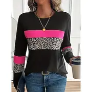 Women's T Shirt Graphic Leopard Color Block Vintage Stylish Casual Long Sleeve Crew Neck Regular Tops Daily Print Pink Summer Spring Fall