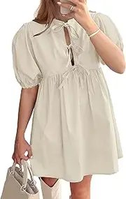 [Generic] Women's Tie Front Mini Dress Summer Babydoll Ruffle Dress with Short Sleeves, Cute Pleated A-Line Tunic