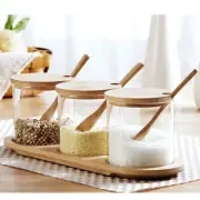 Condiment Jars Salt Spice Coffee Sugar Tea Containers Seasoning Set Bamboo Tray