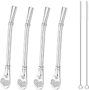 4 Pcs Yerba Mate Straw, Stainless Steel Straw Spoon with Filter,Cup Stirring Spoon Tea Straw Head Filter Straws with 2 Cleaning Brushes