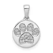 Solid 14k White Gold Simulated CZ Paw Print in Circle Pendant