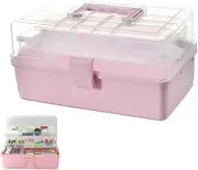 [FOREVERIE] 3 Tiers Storage Sewing Box Organizer, Large Office Art & Craft Supplies Storage Box, Portable Travel Cosmetics Case, Beauty Product Storing Box, Multi Layers Plastic Storage Box, Pink