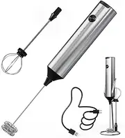 CIRCLE JOY Milk Frother Handheld Rechargeable with Stand, Stainless Steel Frother Wand Drink Mixer Electric Whisk With 2 Whisks, 3 Adjustable Speeds, Hand Mixer for Lattes, Cappuccino, Matcha and Eggs