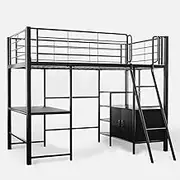 Gaming Loft Bed with Desk and Storage Cabinet, Steel Metal Frame, Space Saving Design, for Single Mattress, Matte Dark Grey