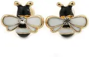 [Avalaya] 10mm Small Black/White Enamel Bee Stud Earrings/Gold Tone/Children's/Teen's/Kid's, One Size, enamel