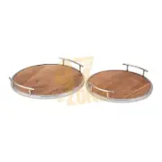 S/2 Sg Wood Metal Decorative Round Trays Silver Brown Indoor Tabletop Home Decor