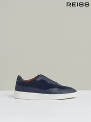 Reiss Navy Blue Cruz Grained Leather Elasticated Lace Trainers (H18971) | $295
