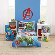 Marvel The Avengers I Am A Hero Blue, Green, Red, and Yellow 4 Piece Toddler Bed Set - Comforter, Fitted Bottom Sheet, Flat Top Sheet, and Reversible Pillowcase