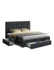 [Artiss] Double Size Fabric Bed Frame Headboard with Drawers Charcoal