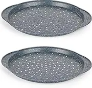 Russell Hobbs COMBO-5447 Nightfall Stone Pizza Trays - Set of 2 Round 14.5" Pizza Pans, Non-Stick Perforated Baking Trays, Carbon Steel, PFOA Free, Multi-Pack Crisper Tray, Flatbreads & Garlic Bread
