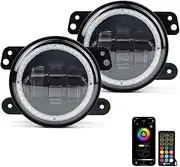 Xprite 4" LED Bluetooth Fog Light w/RGB Halo Angel Ring for 2007-2018 Jeep Wrangler JK, 60W CREE LED Chip