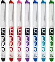 PILOT V PEN - Erasable Disposable Fountain Pen - 0.6mm Nib Tip - Medium Line - Pack of 7 - Black, Red, Pink, Violet, Blue, Peacock & Green