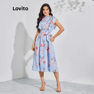 Lovito 波西米亞花卉荷葉邊束帶女式連身裙 LBL08131