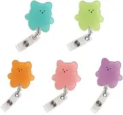 5 Pcs Badge Reel Holder, Acrylic Cute Bear Retractable Badge, ID Card Reel Badge Reels Name Badge Holders for Office School Nurse Teacher (5 Colours)