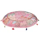Ethnic Round Floor Cushion Cover Vintage Pouffe Pink 32x32 Cotton Patchwork