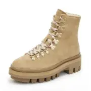 All Saints Wanda Suede Combat Boots 41 US 11 Sand Tan Shearling Lined Lug Soles