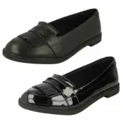Girls Clarks Smart Slip On Leather School Shoes Scala Bright