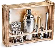 11-Piece Premium Bartender Set with Wooden Stand - Professional Cocktail Set Including Shaker, Bar Accessories & Storage Box, Ideal for Home Bar, Party, Wedding, as a House Warming Gift (Silver)
