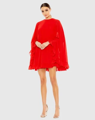 NWT $298 Ieena for Mac Duggal Red High Neck Ruffle Hem Cape Mini Dress 8