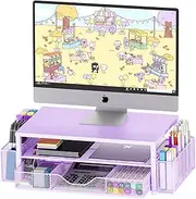 OPNICE Desk Organizers and Accessories, 2-Tier Computer Monitor Stand for Desk Organizer with Drawer and 2 Pen Holders, Office Desk Accessories Workspace Desktop Organizers for Office Supplies, Purple