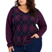 TOMMY HILFIGER WOMENS PLUS SIZE 1X ARGYLE COTTON CLASSIC SWEATER AUBERGINE NEW