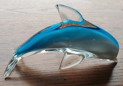 Paperweight Vintage hand blown Glass Art Dolphin Clear with Blue and white
