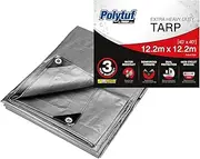 POLYTUF Heavy Duty Tarp Waterproof 12.2m x 12.2m Silver/Black - Heavy Duty Tarpaulin for Camping, Trailer, Equipment, Cargo & Roof Covers