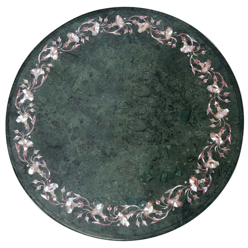 23" green marble coffee Table Top inlaid semi precious stones work