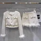 2 Pieces Sets Tweed Jacket Short Coat Blazer+High Waist Mini Skirt Suit