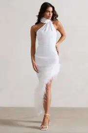 Brilliance | White Asymmetric Maxi Dress With Feather Trim