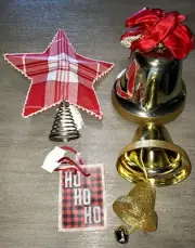 NEW red white plaid STAR TREE TOPPER 11.5 INCH THREE GOLD BELLS SPARKLE GIFT BAG