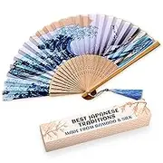 Silk Japanese Fan - Bamboo Handheld Folding Fan for Women, Kanagawa Wave Retro Style, 14.5x8.2 Size Vintage Fans, Colorful Folding Fans Handheld, Good for Dancing, Decorating and Gifting