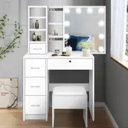 ALFORDSON Dressing Table - LED 10 Bulbs Stool Set Slide Mirror Makeup (White)