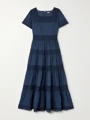 [Loretta Caponi] Loretta Caponi - Tiered Lace-trimmed Cotton-poplin Midi Dress - Navy - small small Blue