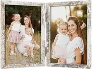 4x6 Double Hinged Frames, 2 Folding Picture Frame, Stand Vertically on Desktop or Tabletop, Distressed White