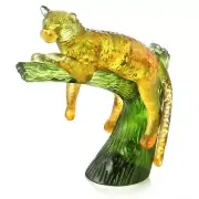 DAUM CRYSTAL AMBER PANTHER ON GREEN TREE FIGURINE #05027-2 BRAND NIB POWER F/SH