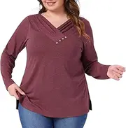 [Agnes Orinda] Plus Size Tunic Tops for Women V Neck Button Long Sleeve Fall Pullover Shirt Loose Blouse