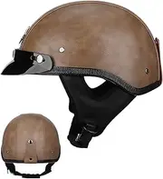 Vintage Motorcycle Helmet Leather Open Motorcycle Half Helmet Adult Men and Women Half Shell Helmet Fit Scooter Cruiser Moped DOT/ECE Approved F,L=58-59CM