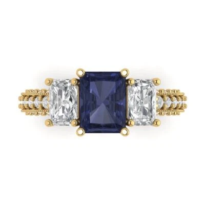 3.61Ct Emerald Cut Simulated Blue Sapphire Solid 14K/18K Gold Engagement Ring