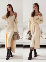 r Women Knitted Casual Long Coat Dress Solid Sweater Coat +Knitted Dress 2PCS