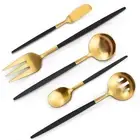 VANVRO Matte Black Gold Serving Silverware Set 5-Piece Round Shared Utensils ...