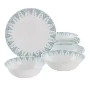 Ultra by Gibson Piper Point 12 Piece Opal Glass Dinnerware Set in White w Blue