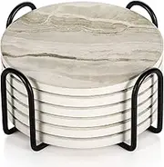 Drink Coasters with Holder, Absorbent Coaster Sets of 6, Marble Style Ceramic Drink Coaster for Tabletop Protection,Suitable for Kinds of Cups, Wooden Table, Cool Home Decor, 4 Inches