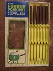 VTG Fondue Forks Set - 6 Stainless Steel Teak Wood Handle Color Coded