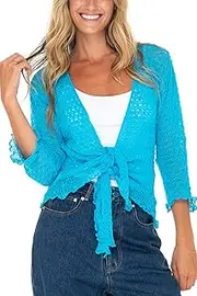 [Back From Bali] Womens 100% Cotton Shrug Tie Front Cardigan Lightweight Soft Knit 3/4 Sleeve Open Front Sweater