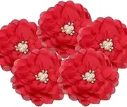 uxcell 3.15 Inch Chiffon Flowers, 5 Pcs Fabric Flowers Rhinestone Pearl Large Camellia Sewing Appliques for DIY Crafts Dresses Clothing Headbands Wedding Party Decoration, Red