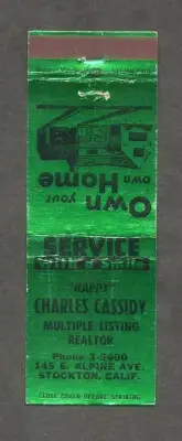 Charles Cassidy Realtor Stockton CA Unused Vintage Front Strike Matchbook Cover