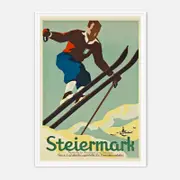Galrie Steiermark Ski Vintage Poster Classic Winter Sports Art Print for Home Decor, White Frame, 70 x 100cm (28 x 40inch)