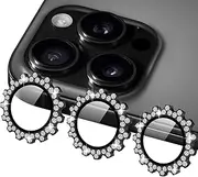 LUVI Compatible with iPhone 16 Pro Max / 16 pro Bling Camera Lens Protector Gear Design Diamond Individual Ring 9H Tempered Glass Clear Decorative Camera Cover Anti Scratch -Black